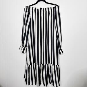 New JonnyCota x The Drop Black White Stripe Off Shoulder Ruffle Midi Dress M